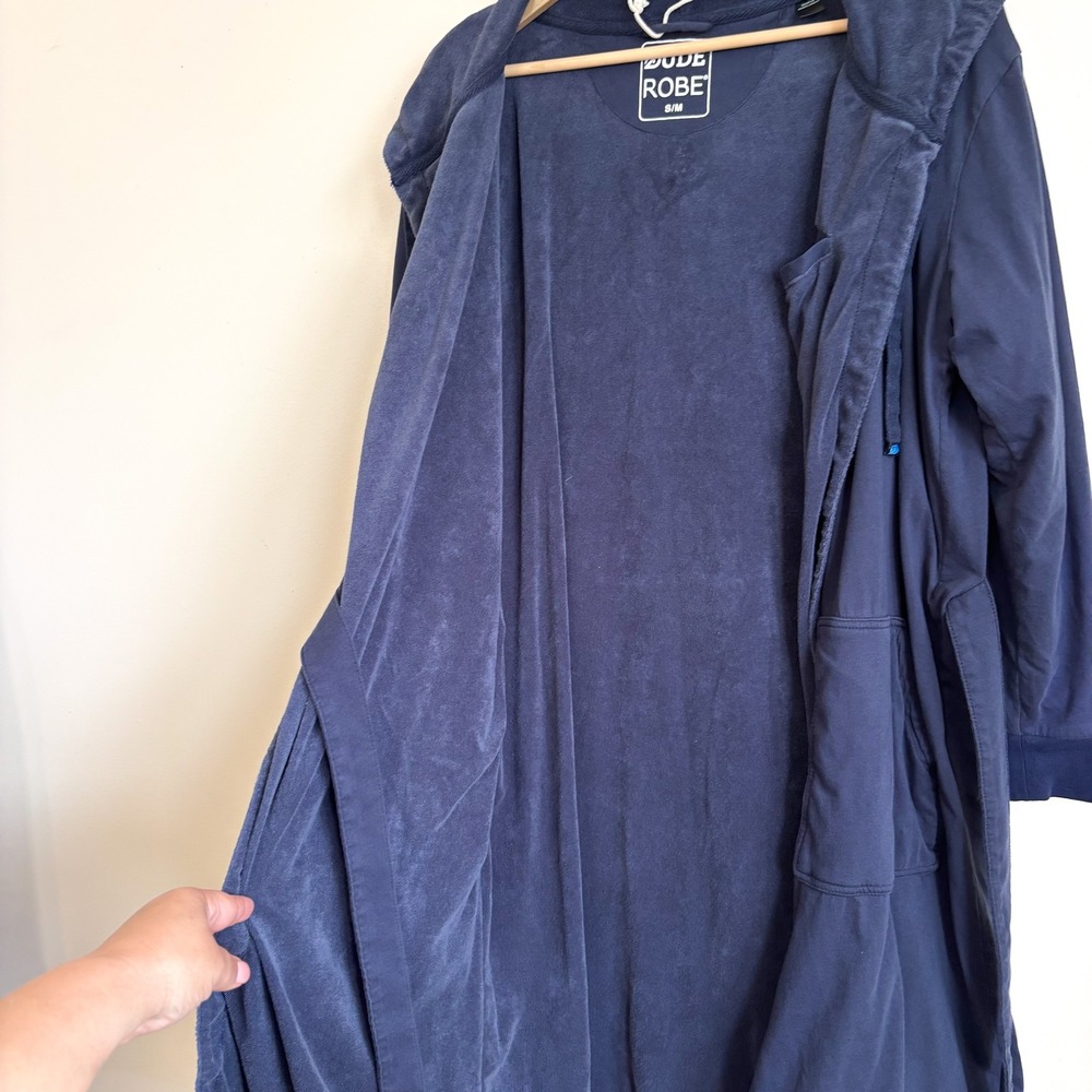 Dude Robe Mens Hooded Lounge Bathrobe Size S/M Navy Tie Closure Pockets - Picture 3 of 9